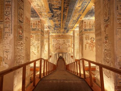 LUXOR, EGYPT - FEBRUARY 5 2016 - Unique shot of the Ramesses VI tomb in Valley of the Kings. Obtaining permission for taking images there is painstaking but worth it.; Shutterstock ID 467883095; Your name (First / Last): Lauren Keith; GL account no.: 65050; Netsuite department name: Online Editorial; Full Product or Project name including edition: Southern Egypt temples article